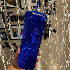 Starbucks Royal Blue Pin Stripe Venti Chrome Bling Tumbler NWT